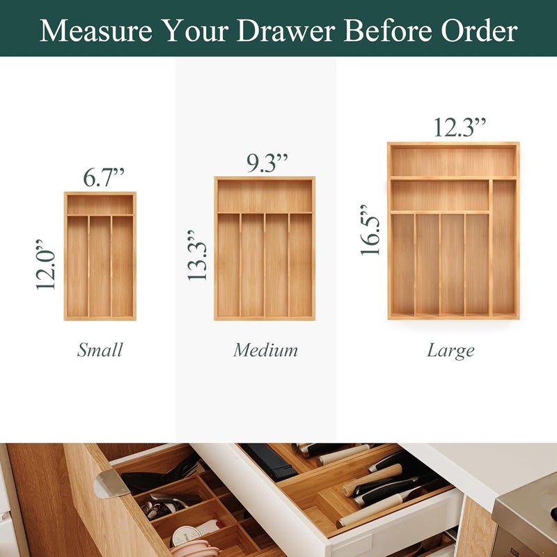 BEKVEM Bamboo Silverware Organizer, Kitchen Drawer Organizer, Utensil Holder, Cutlery Tray & Spoon Flatware Storage with Grooved Drawer Dividers (5 Slots, Natural) - Image 2